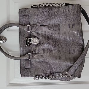 Michael Kors Large Hamilton Grey Snakeskin Purse Satchel Silver Hardware